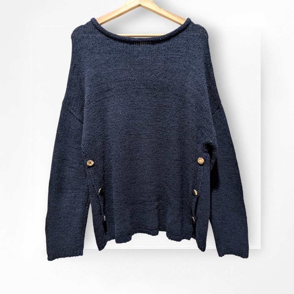 Grace the Perfect Fit Sweater Buttons Side Slit Navy Blue Large